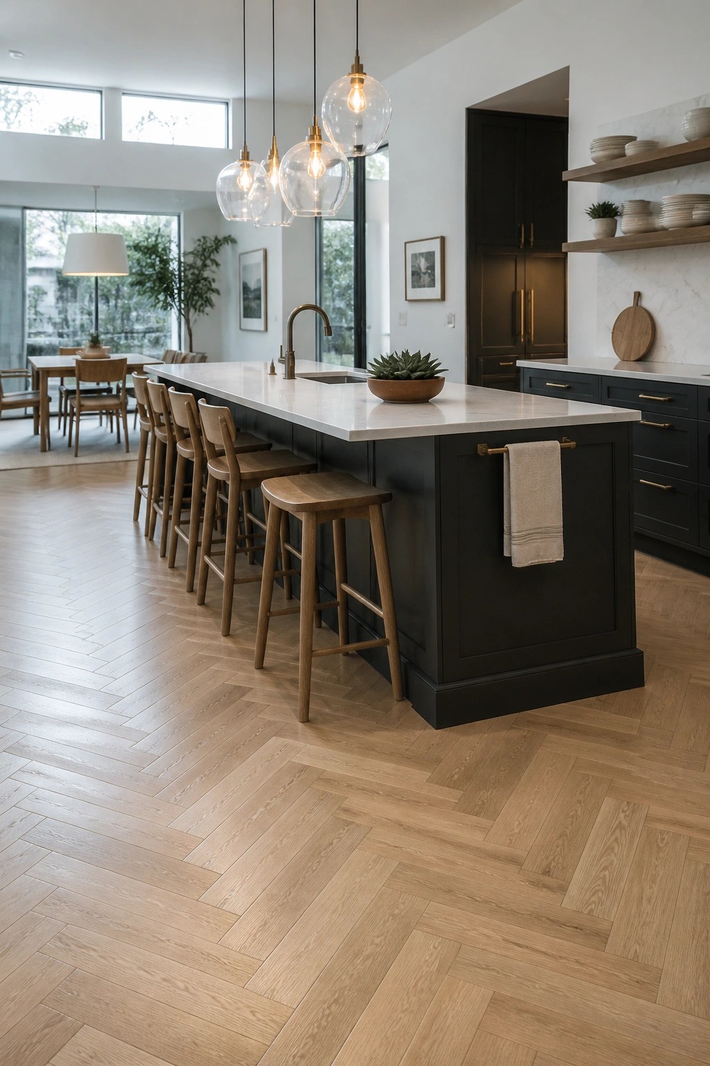 A modern kitchen with a dark island, wooden bar stools, and light wood herringbone flooring.