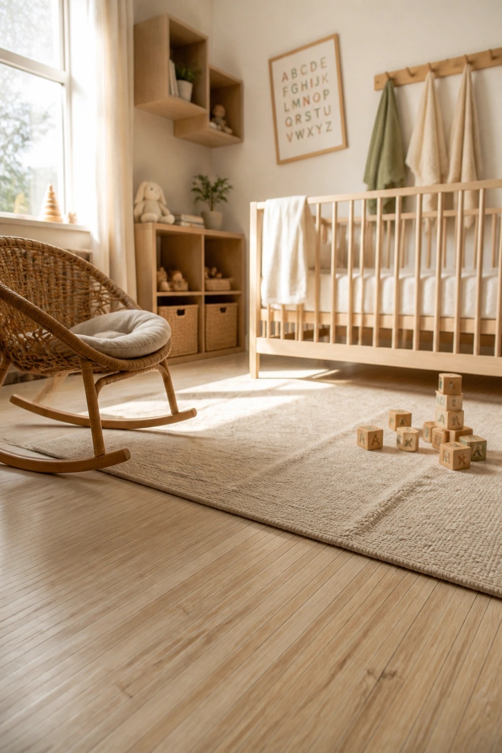 A bright minimalist nursery featuring light wood flooring, a wooden crib, a wicker rocking chair, wooden wall shelves, and scattered alphabet blocks on a large beige rug.