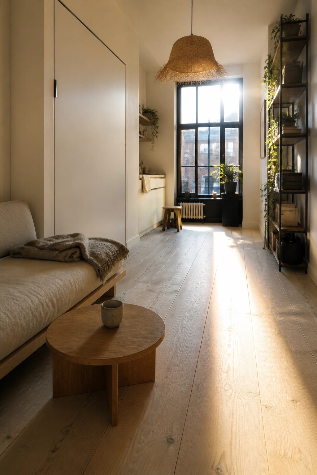 A minimalist interior with light wood plank flooring, a low beige daybed, round wooden coffee table, and sunlight coming through a large black-framed window.