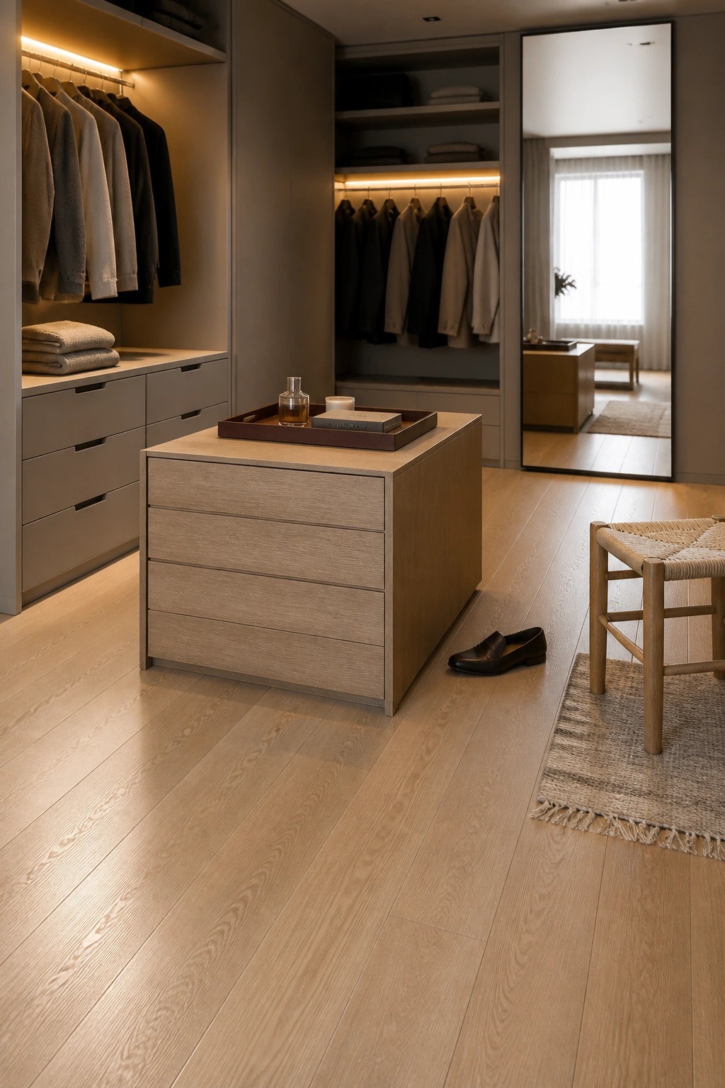 Modern walk-in closet with central wooden island, hanging clothes, woven stool, and light floors