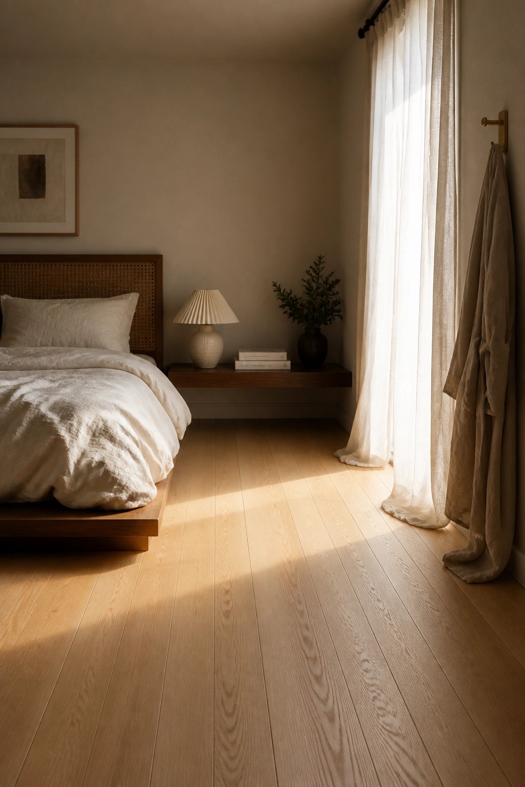 A minimalist bedroom featuring light wood flooring with visible natural grain, a low wooden bed with white bedding, and sunlight casting shadows across the floor from a window with sheer curtains.