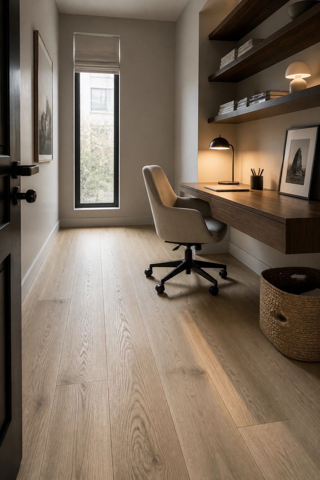 A minimalist home office featuring light wood plank flooring, a floating wooden desk, a beige upholstered chair, and a tall narrow window with a rolled shade.