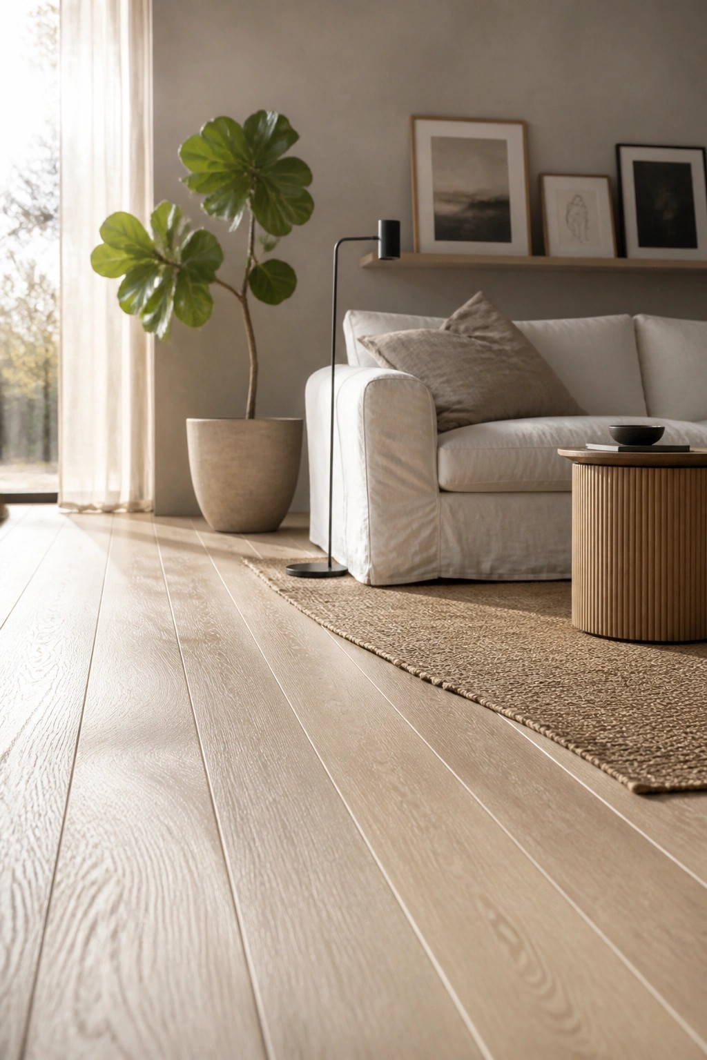 A bright living room interior with light wood plank flooring, a white sofa, beige rug, round side table, black floor lamp, and large potted plant near a window.