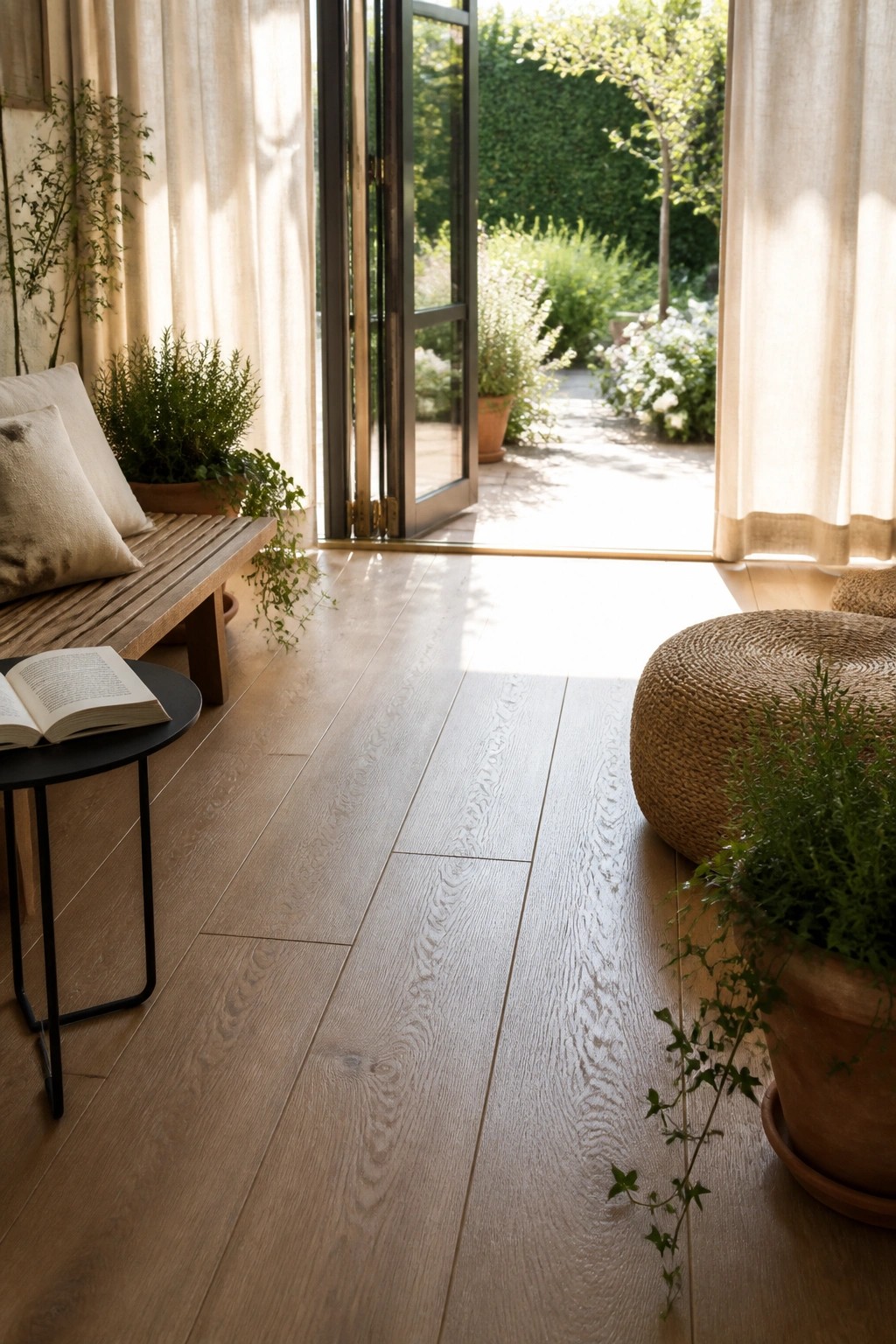 A light wood plank floor in a room with a wooden bench holding pillows, a small round table with an open book, a woven pouf, and potted plants near open glass doors to a garden.