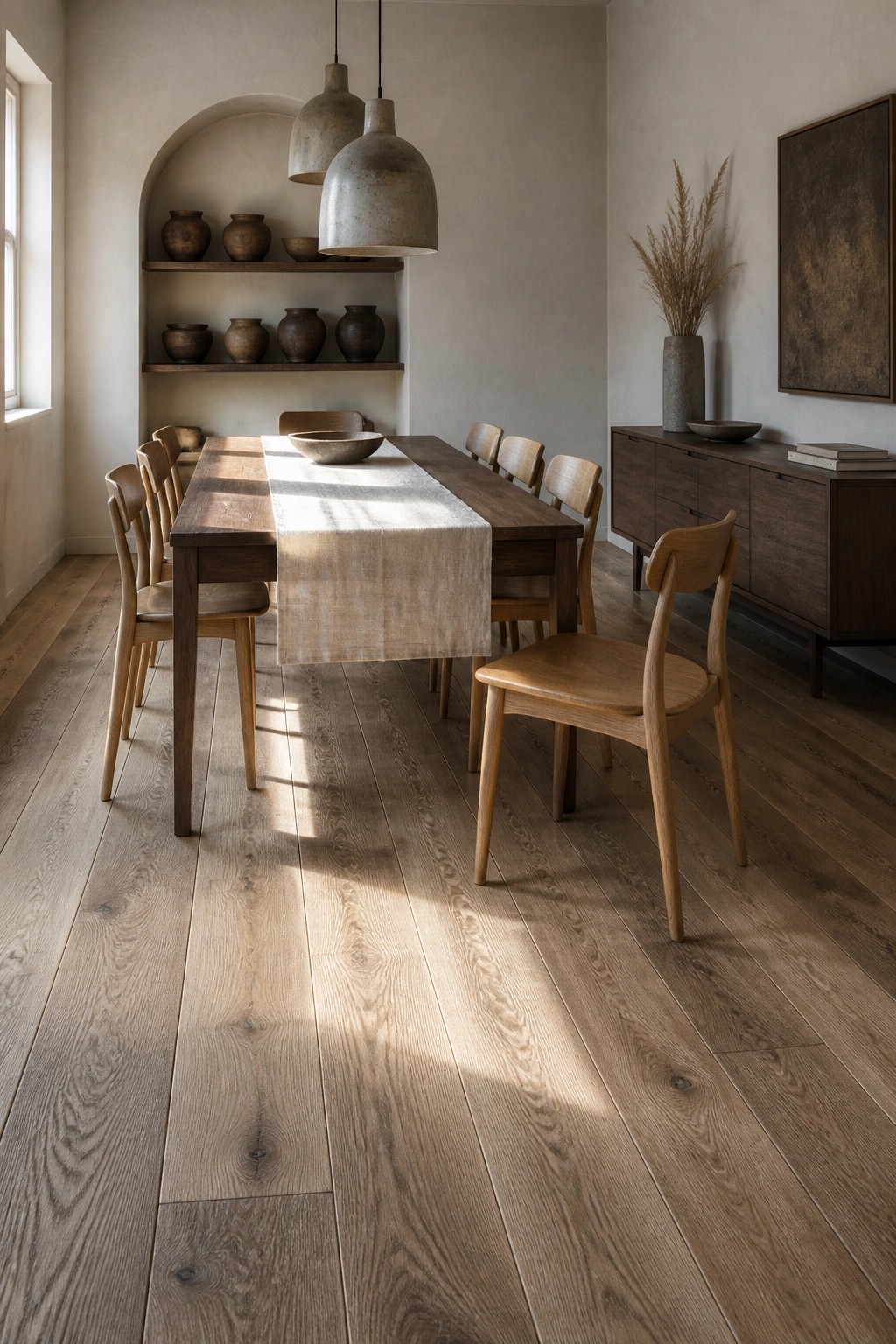 A minimalist dining room featuring a long wooden table with a linen runner, light wood chairs, and wide plank oak flooring lit by sunlight from a side window.