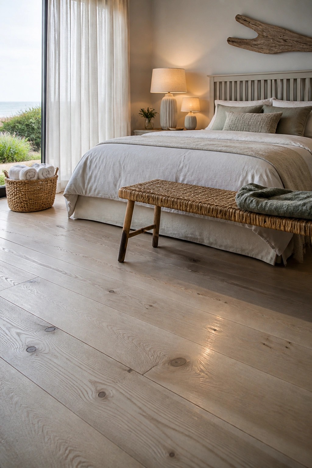 A bedroom with wide light wood flooring showing natural grain, a bed with white linens, a woven bench, and a large window with sheer curtains.