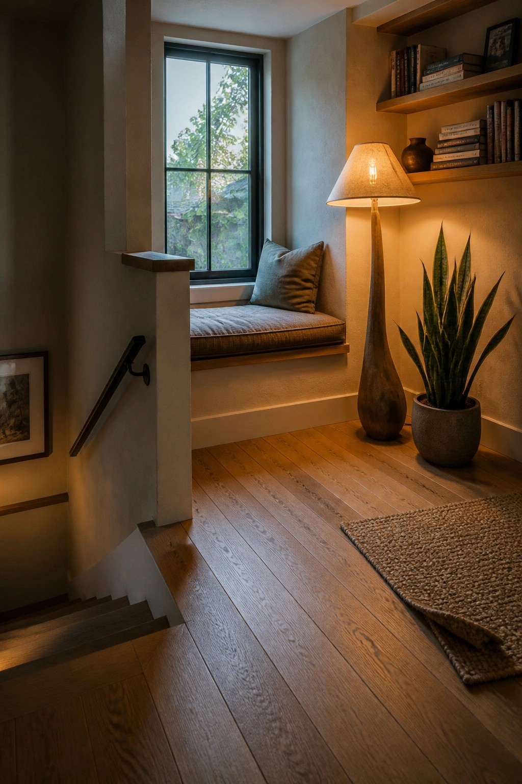 Cozy nook with window seat, floor lamp, potted plant, and wooden staircase
