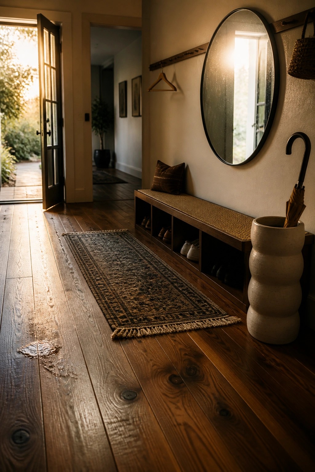 A wooden entry hallway with a long runner rug, a bench with shoe storage, a round mirror, and an open door showing light on the floor.