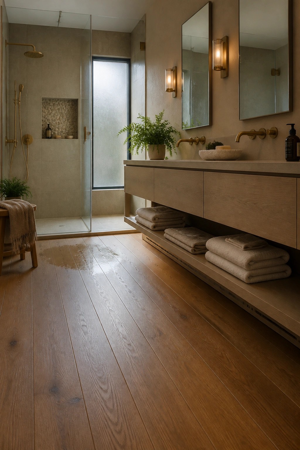 A bathroom interior featuring light wood plank flooring, a floating wood vanity with folded towels on open shelves, wall-mounted sinks, mirrors with sconces, and a glass shower enclosure.