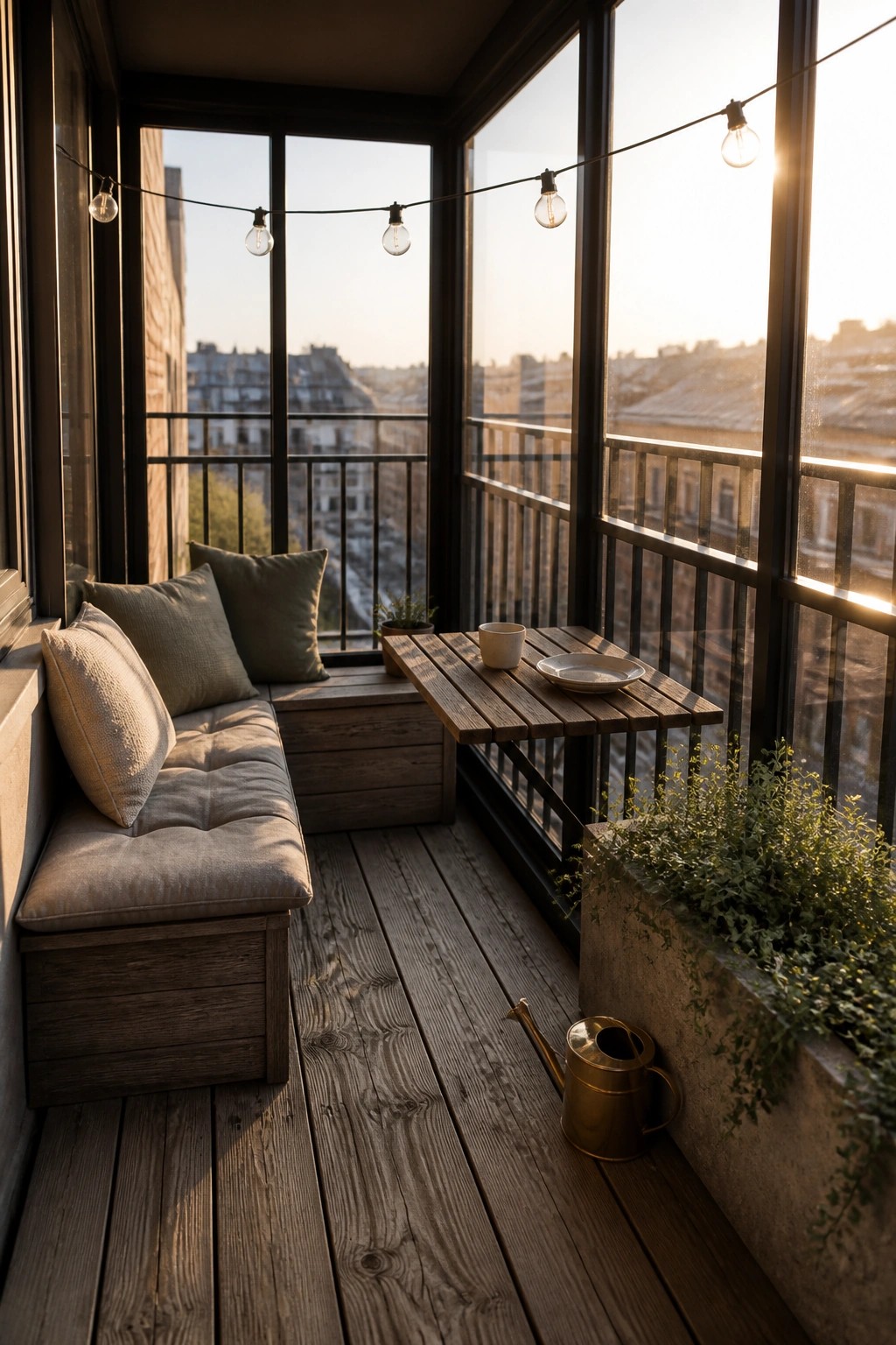 Cozy wooden balcony with cushioned bench, folding table, string lights, and city view