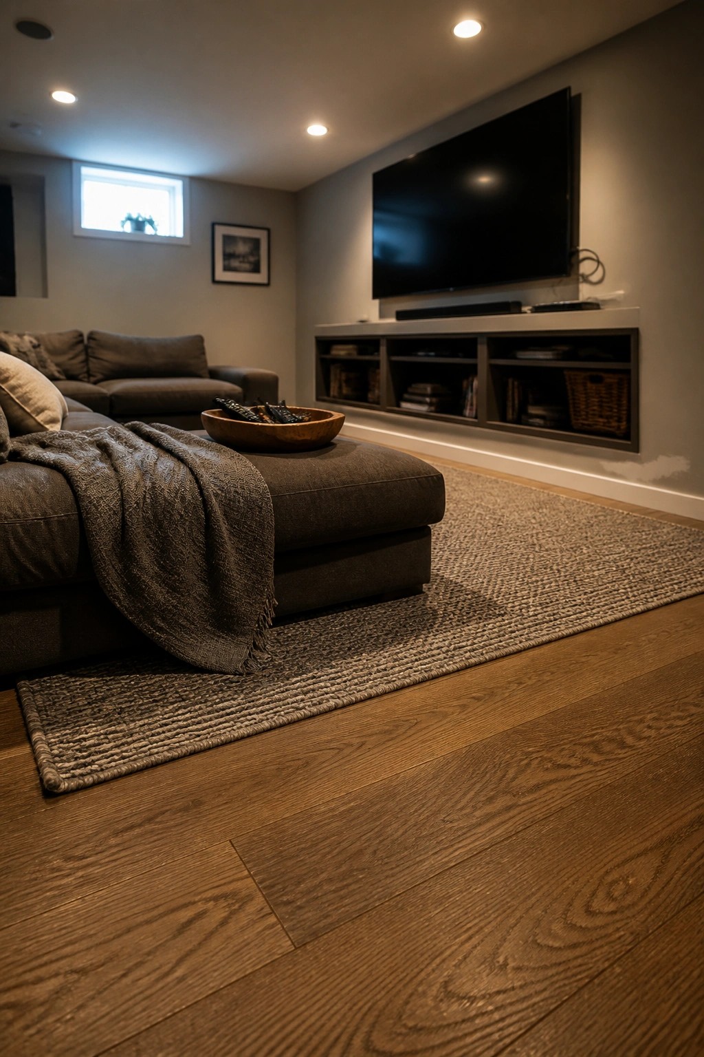 A living room with wide plank wood flooring, a gray sectional sofa, an ottoman holding a wooden bowl, and a wall-mounted television above a media console.