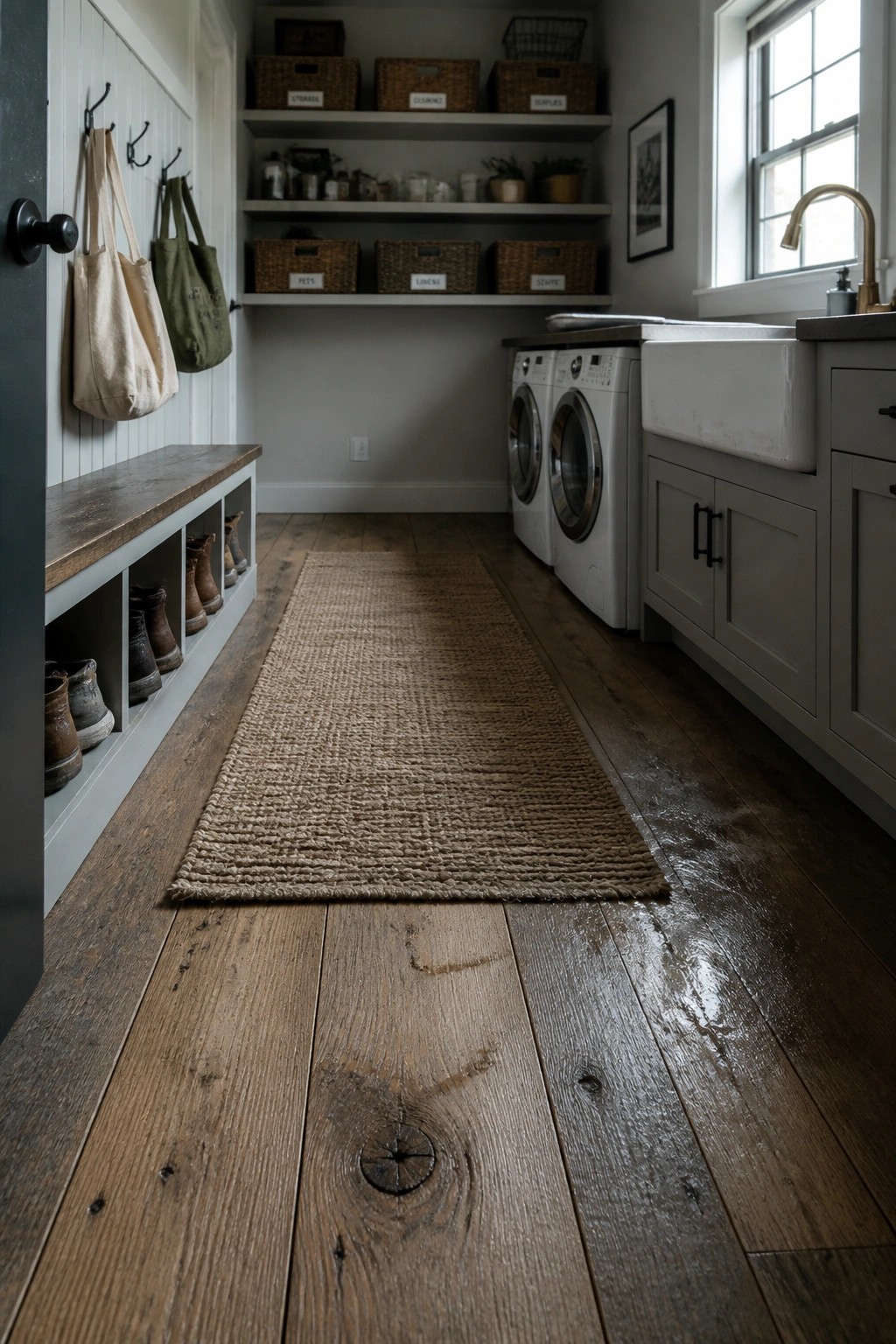 A narrow interior room with wide plank wood flooring, a long woven rug, built-in bench with shoe cubbies, washer and dryer, utility sink, and open shelving with baskets.