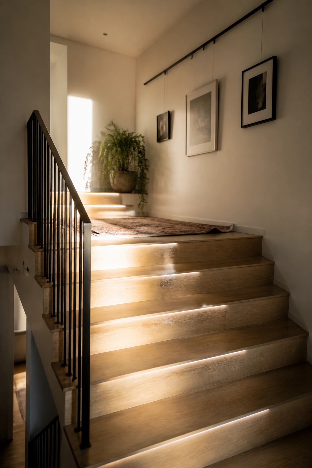 A wooden staircase features thin LED lighting strips along the front edge of each tread, with a black metal railing on the left and framed art on the adjacent wall.