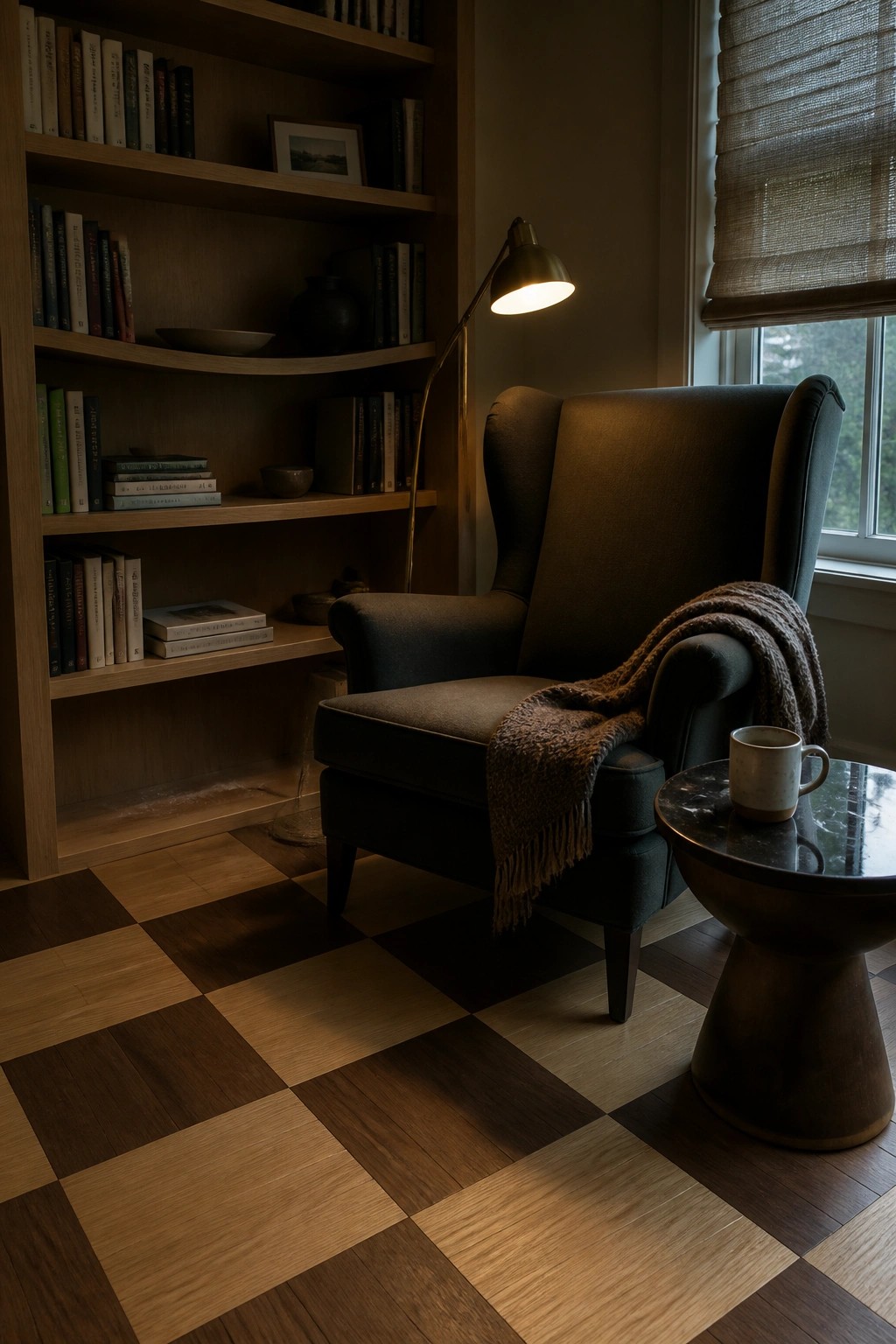 A dark armchair beside built-in wooden bookshelves on a checkered wood floor with a side table holding a mug.