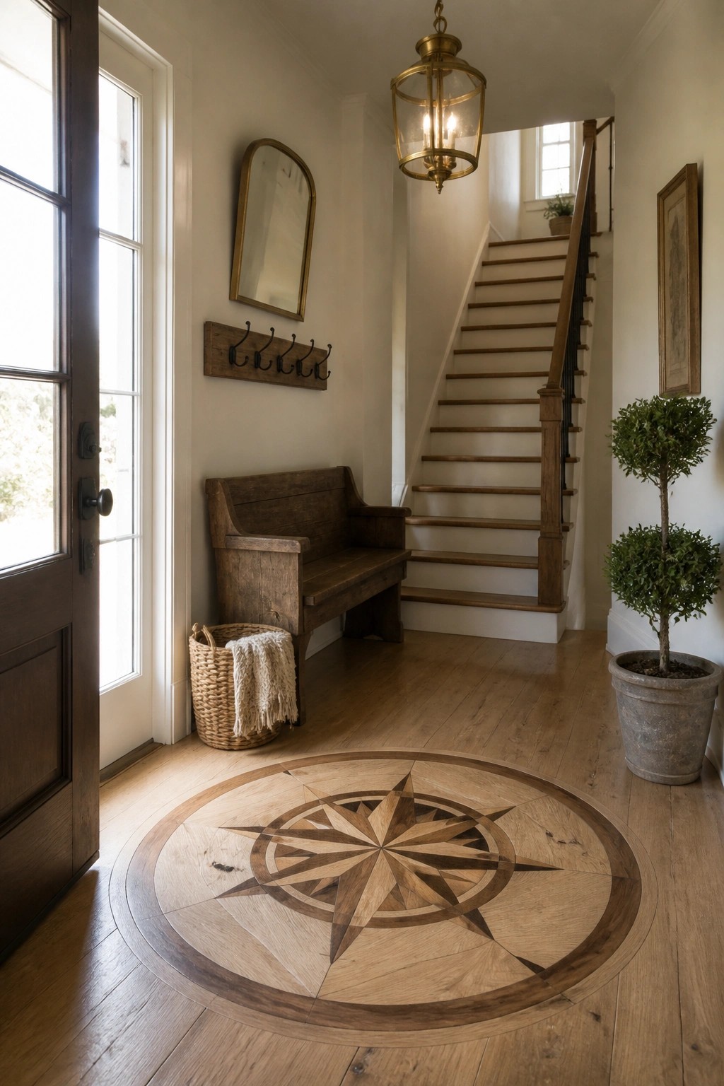 A light wood entryway floor with a large circular compass rose inlay made from darker and lighter wood tones, next to a wooden bench and staircase.