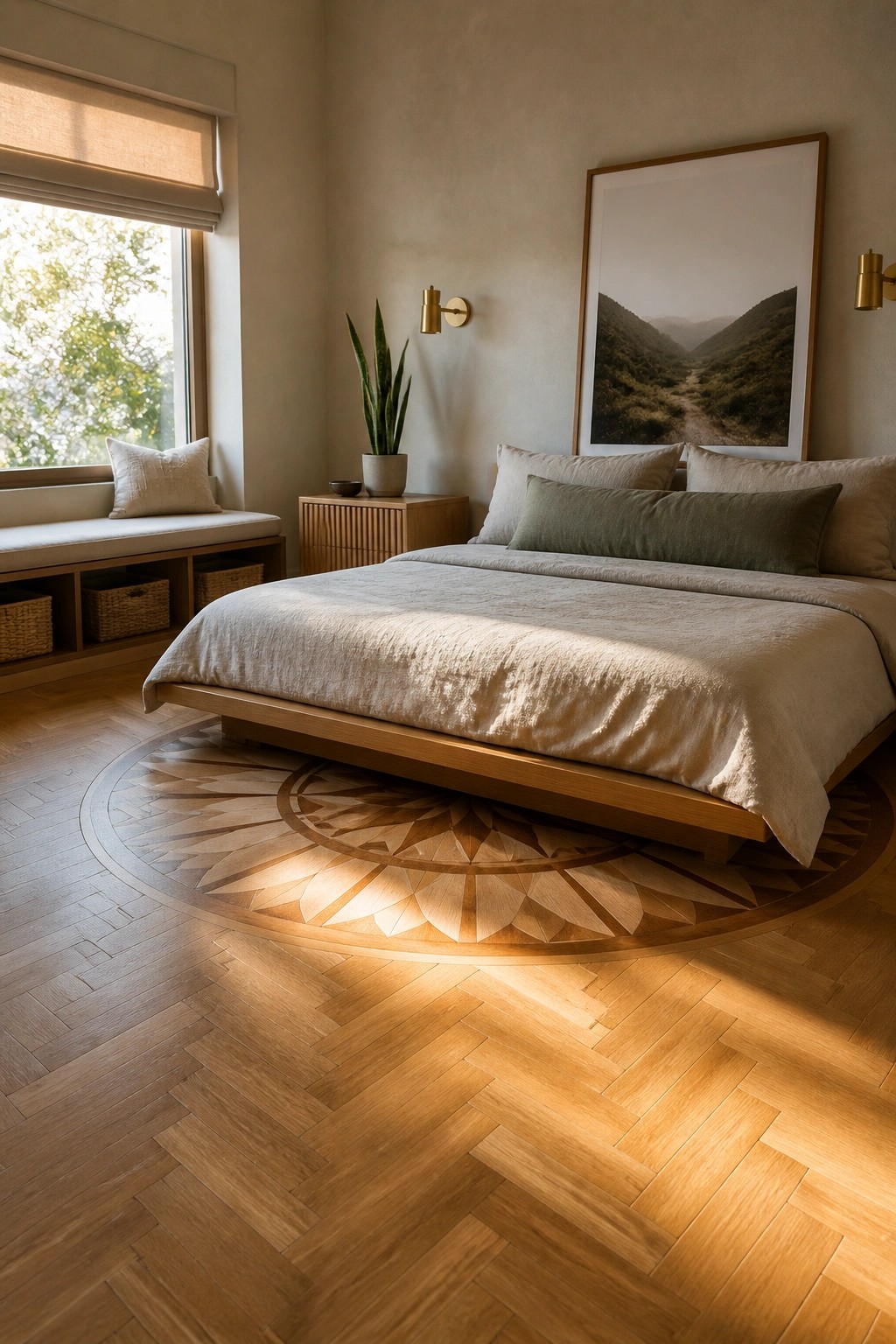 A bedroom featuring a low wooden platform bed centered over a circular geometric wood inlay on a herringbone oak floor, with a window seat to the left and a large framed landscape print on the wall.