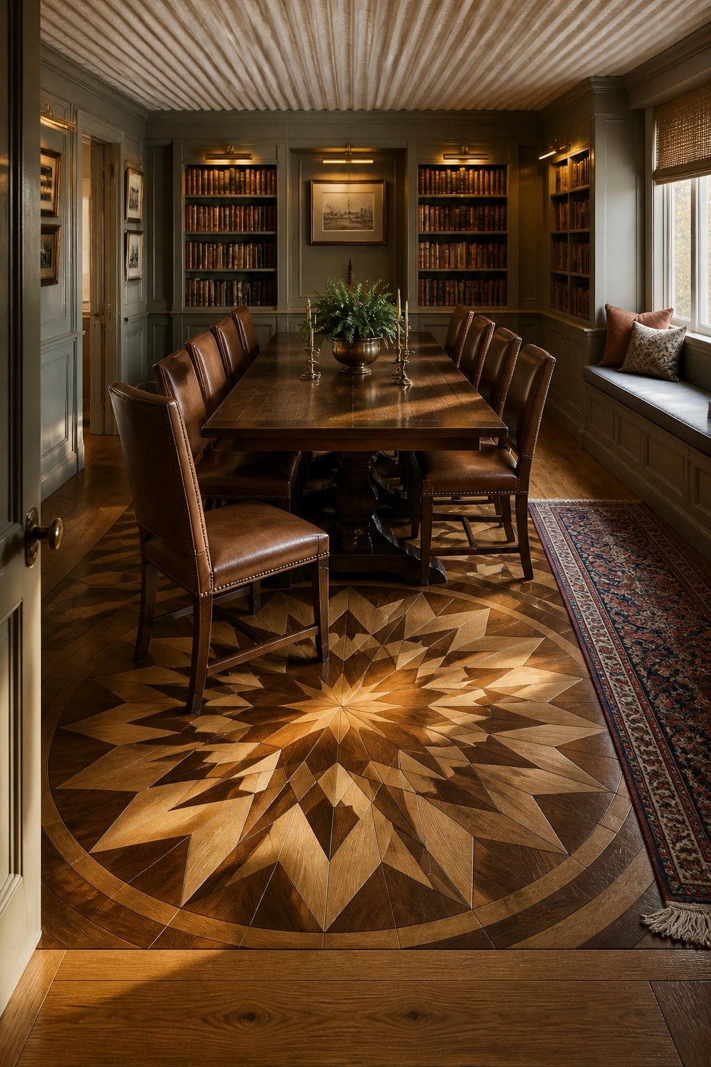 A formal dining room with a large circular starburst floor pattern made from mixed wood tones, a dark wood table surrounded by brown leather chairs, and built-in bookshelves along the walls.