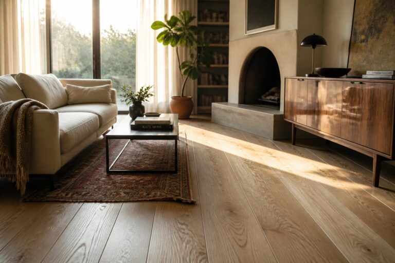 A living room with wide light wood flooring, a beige sofa, a dark wood sideboard, and a built-in fireplace.