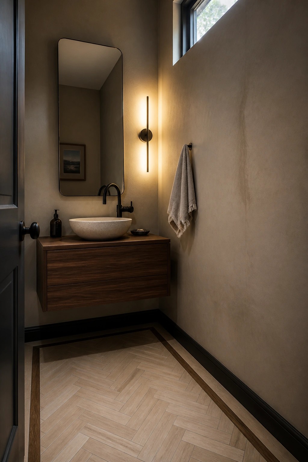 A bathroom interior with light wood herringbone flooring that has a dark border strip, a floating walnut vanity, a round vessel sink, and a tall mirror on a beige wall.
