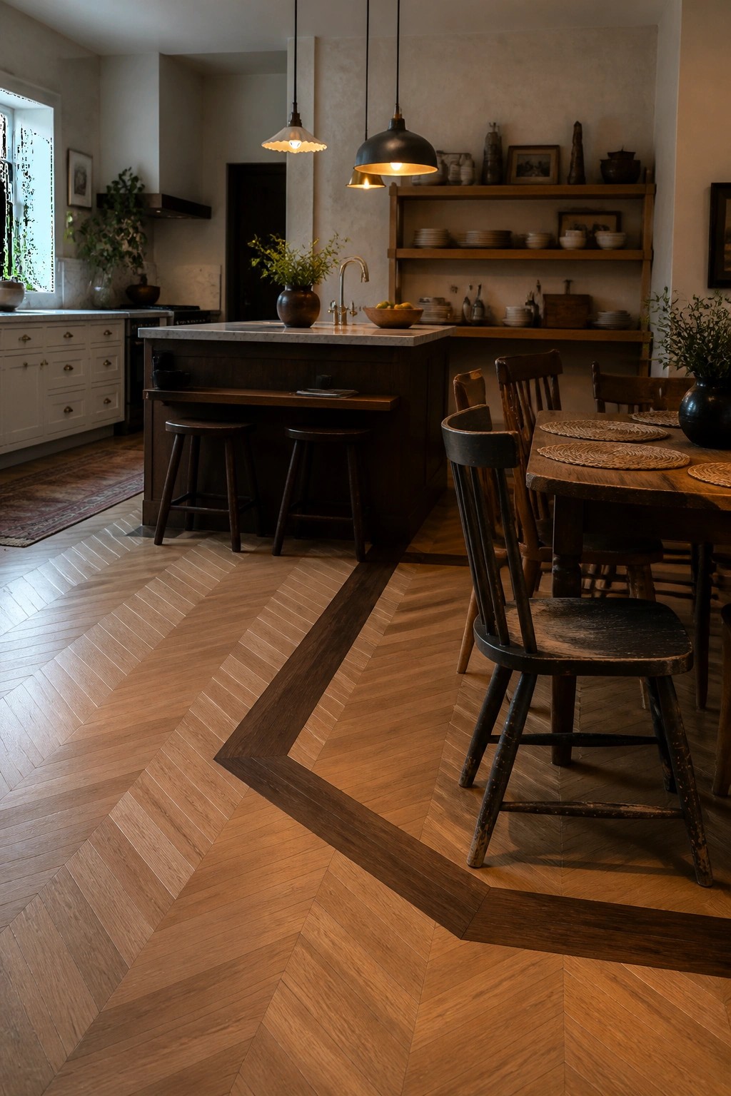 Rustic kitchen with herringbone wood floor, island, and wooden dining table.