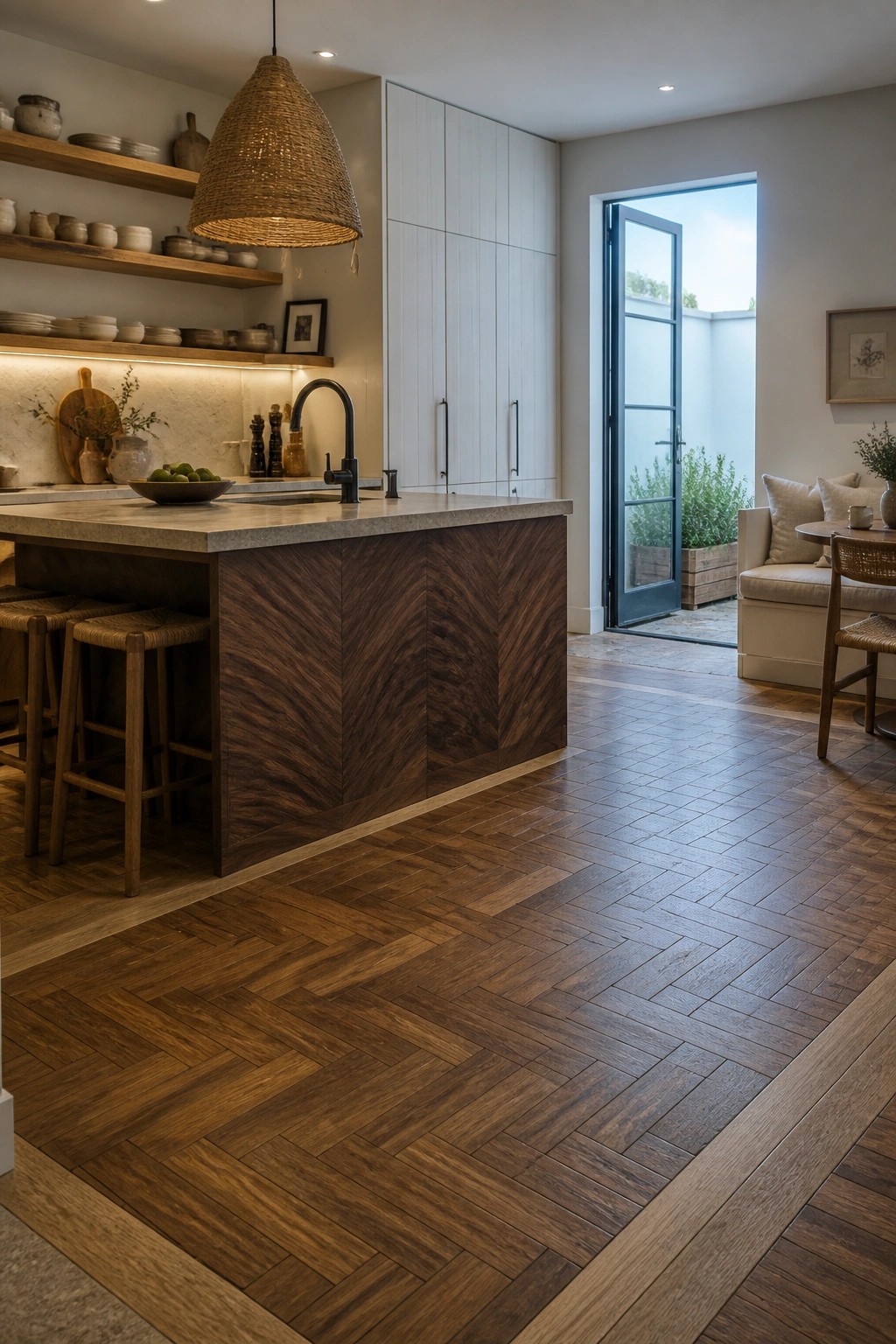 A kitchen interior with a dark wood herringbone floor, a large island with chevron wood sides, open shelving, and a view through glass doors to an outdoor seating area.