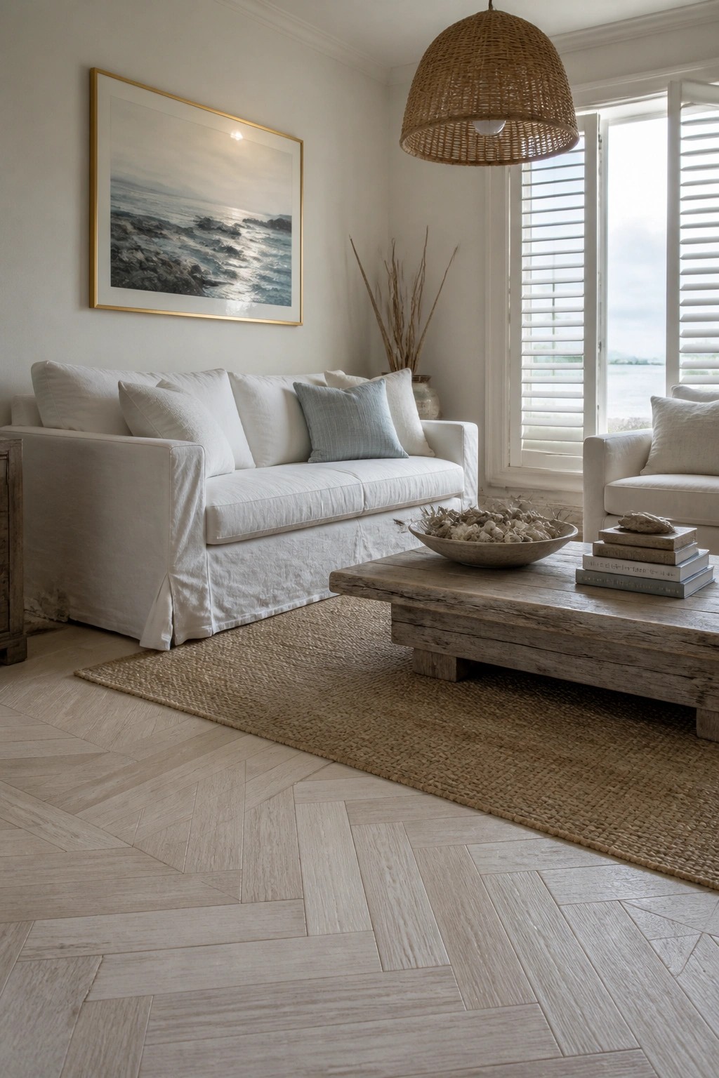 Living room interior with white slipcovered sofas, a rustic wood coffee table, and light-colored herringbone wood flooring.