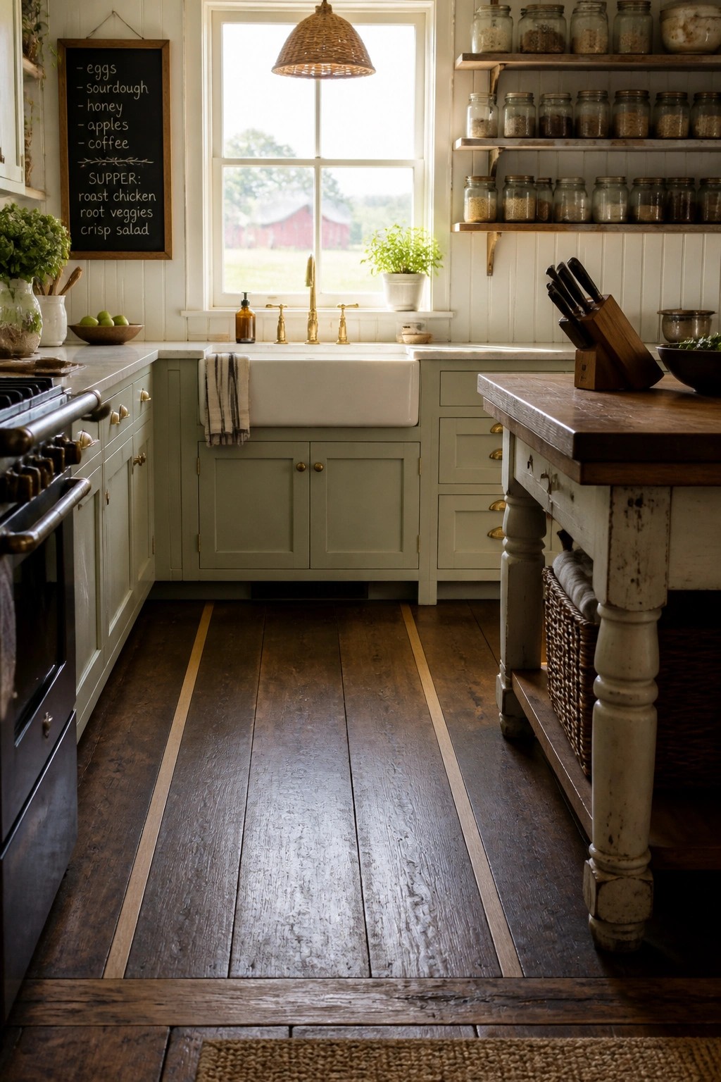 A kitchen with dark hardwood flooring featuring narrow light stripes running lengthwise, sage green cabinets, a white farmhouse sink, and a window overlooking a red barn.