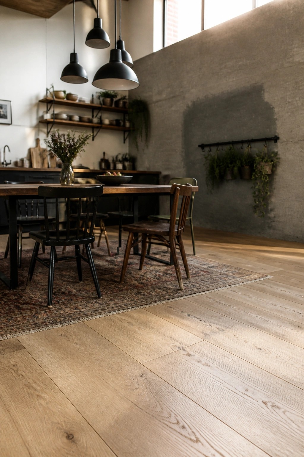 A dining area with a wooden table and chairs on a patterned rug over light wood flooring in a modern kitchen space.