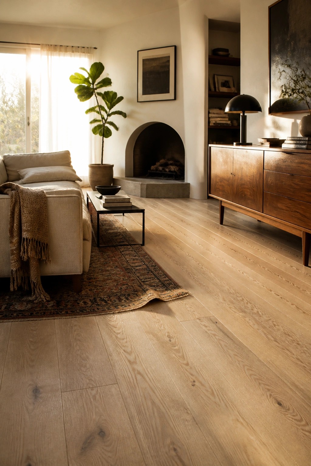 A living room with wide light wood flooring, a beige sofa, a dark wood sideboard, and a built-in fireplace.