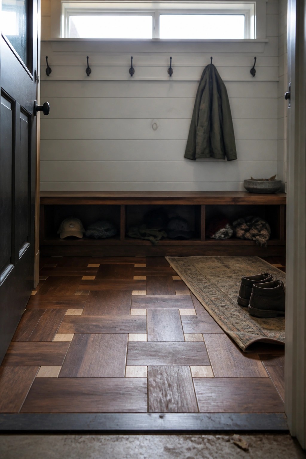 An interior entry space with a patterned wood floor in mixed brown tones, a long built-in bench with cubbies below, wall hooks above, and a rug with shoes on the right.