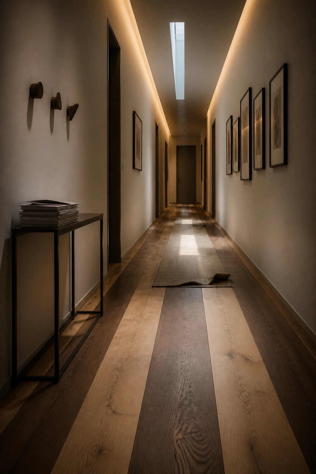 A long interior hallway with striped light and dark wood flooring, a beige runner rug down the center, framed artwork on the walls, and a console table holding a stack of magazines.