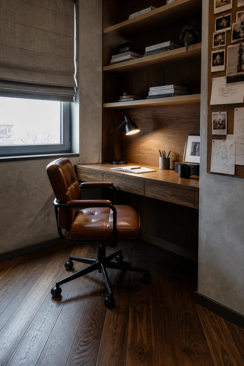A home office with dark walnut hardwood flooring, a brown leather office chair, and a built-in wooden desk under wall shelves.