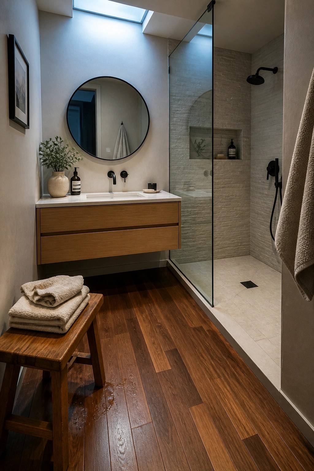 A modern bathroom interior featuring dark walnut wood flooring, a floating light wood vanity with white countertop, round black mirror, and a glass shower enclosure with light stone tile.
