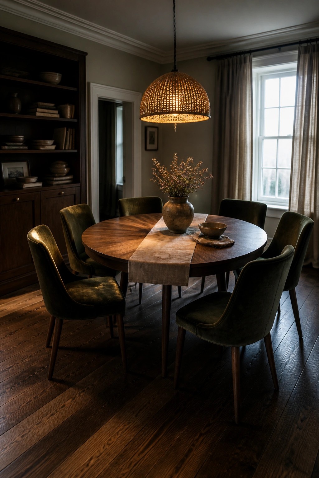 A round wooden dining table with green velvet chairs sits on dark hardwood flooring in a room with a woven pendant light and built-in shelves.