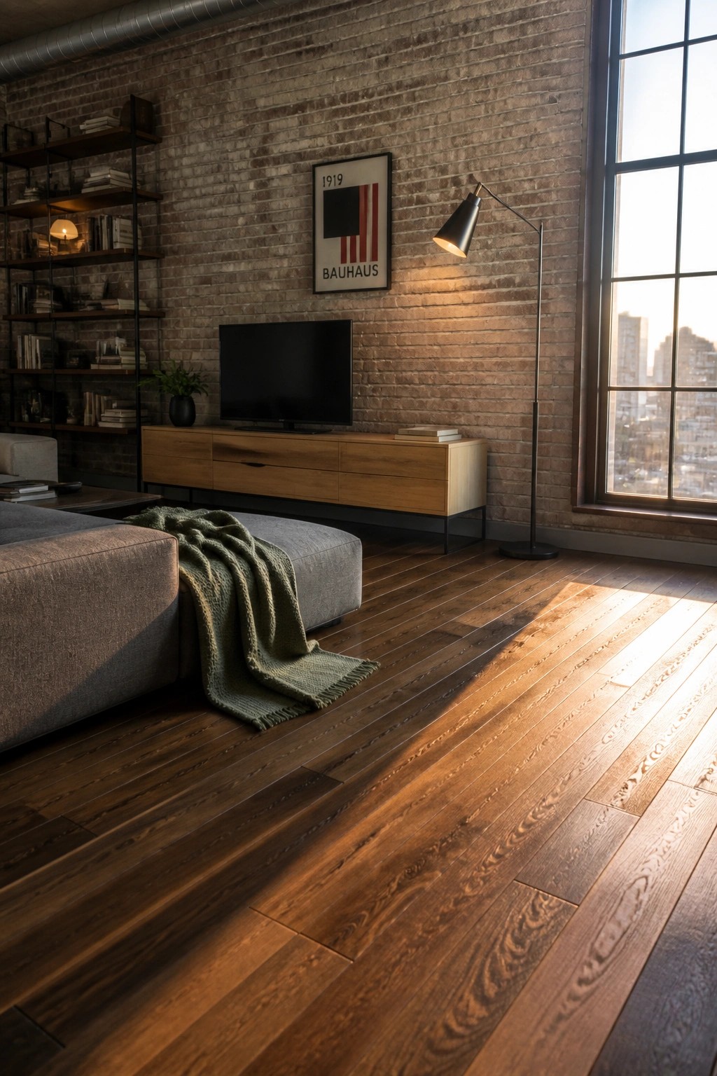 A living room interior with dark walnut hardwood flooring, a gray sectional sofa with a green throw, a wooden media console under a TV, a black floor lamp, and a large window on a brick wall.