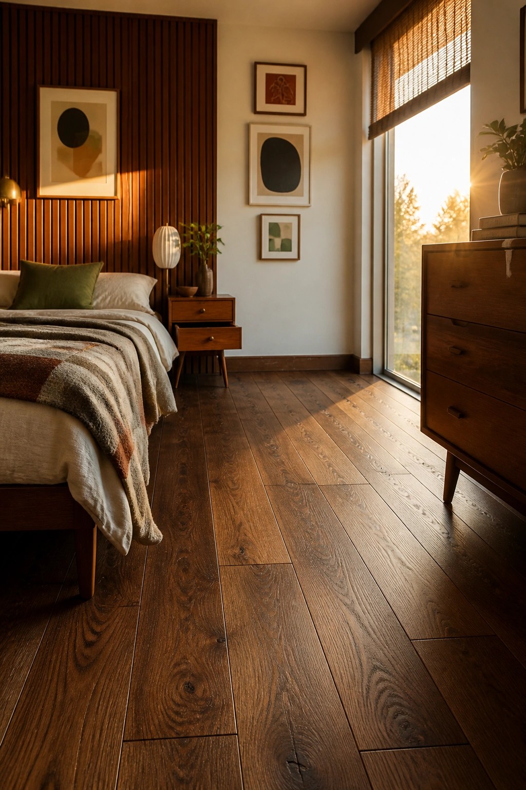 A bedroom with dark walnut hardwood flooring, a bed with neutral linens and a green pillow, wooden nightstand and dresser, and framed art on the walls beside a large window.