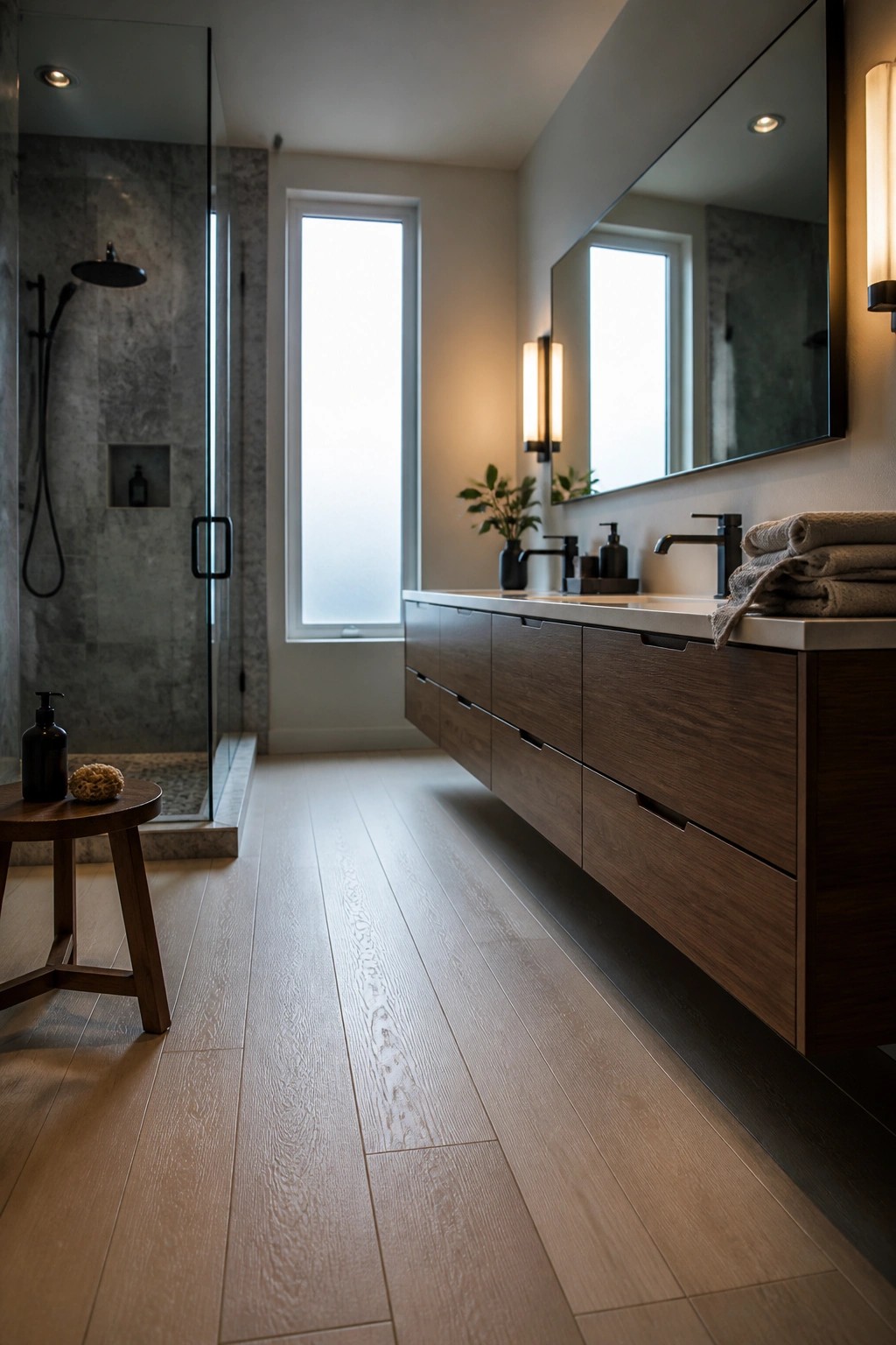 Modern bathroom interior showing light wood plank flooring, a floating dark wood vanity with white countertop, and a glass shower enclosure on the left.
