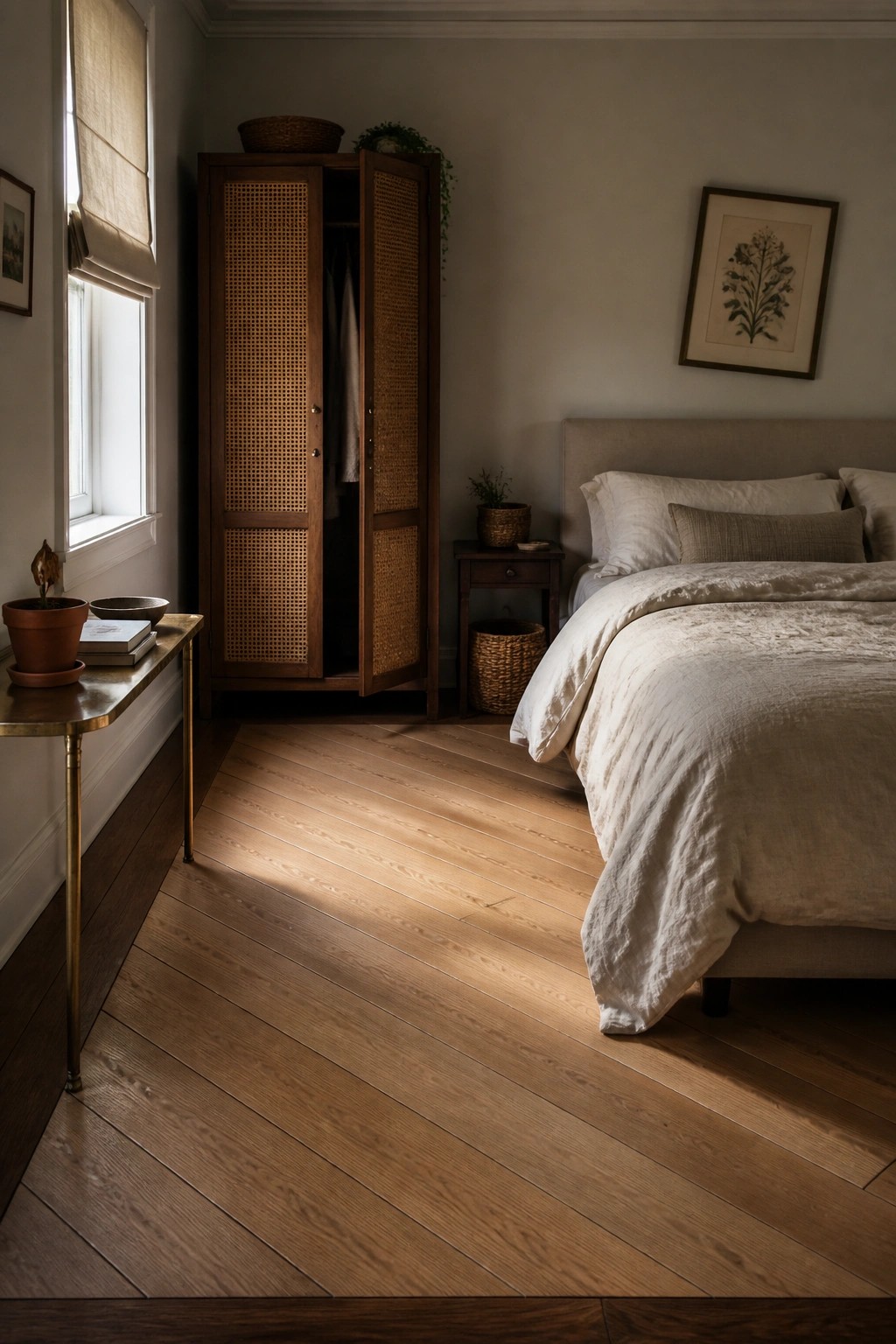 A bedroom interior featuring light-colored white oak plank flooring, a bed with rumpled white linens, a wooden wardrobe with woven cane panels, and a window with a rolled shade.