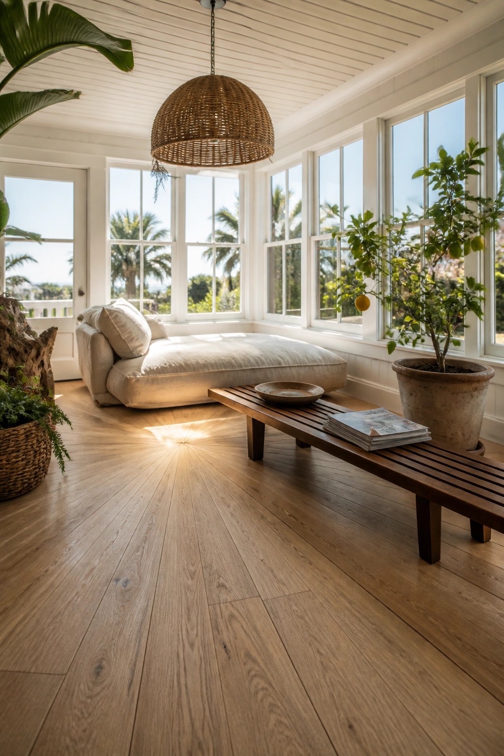 A bright interior room with wide-plank white oak flooring, a white upholstered daybed, a wooden bench with magazines, potted citrus trees, and large windows showing palm trees outside.