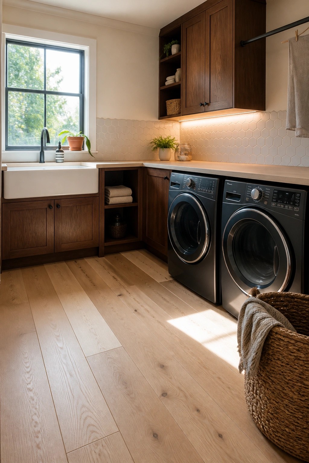 A laundry room with light wood plank flooring, dark wood cabinets, a white farmhouse sink under a window, two front-loading washers, and open shelving.