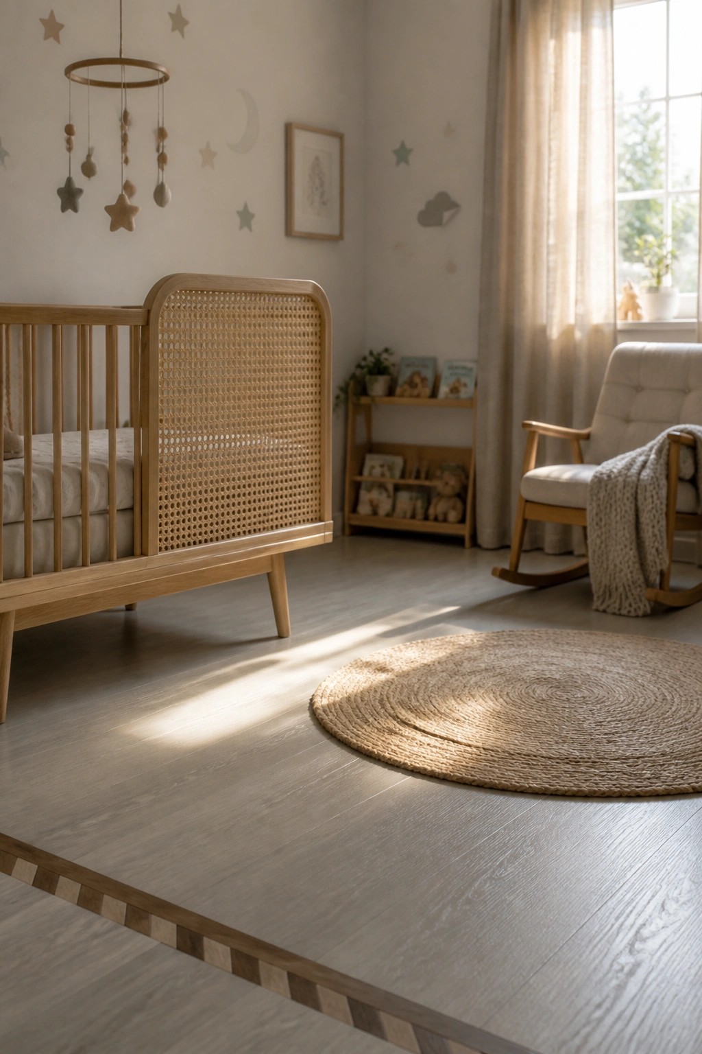 Light wood flooring with a striped border inlay along the edge of the room, shown with a wooden crib and round woven rug.