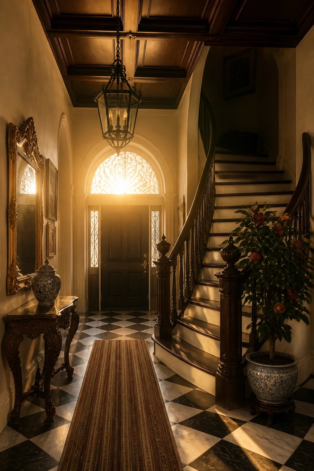 A spacious home entryway with a dark wood coffered ceiling, a central lantern chandelier, a black double door under an arched window, a curved staircase on the right, and a checkered marble floor with a long striped runner.