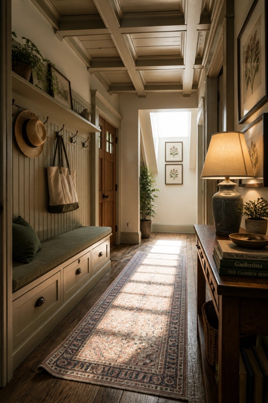 A long narrow hallway with a wood coffered ceiling, a runner rug on the floor, and a built-in bench with hooks along the left wall.