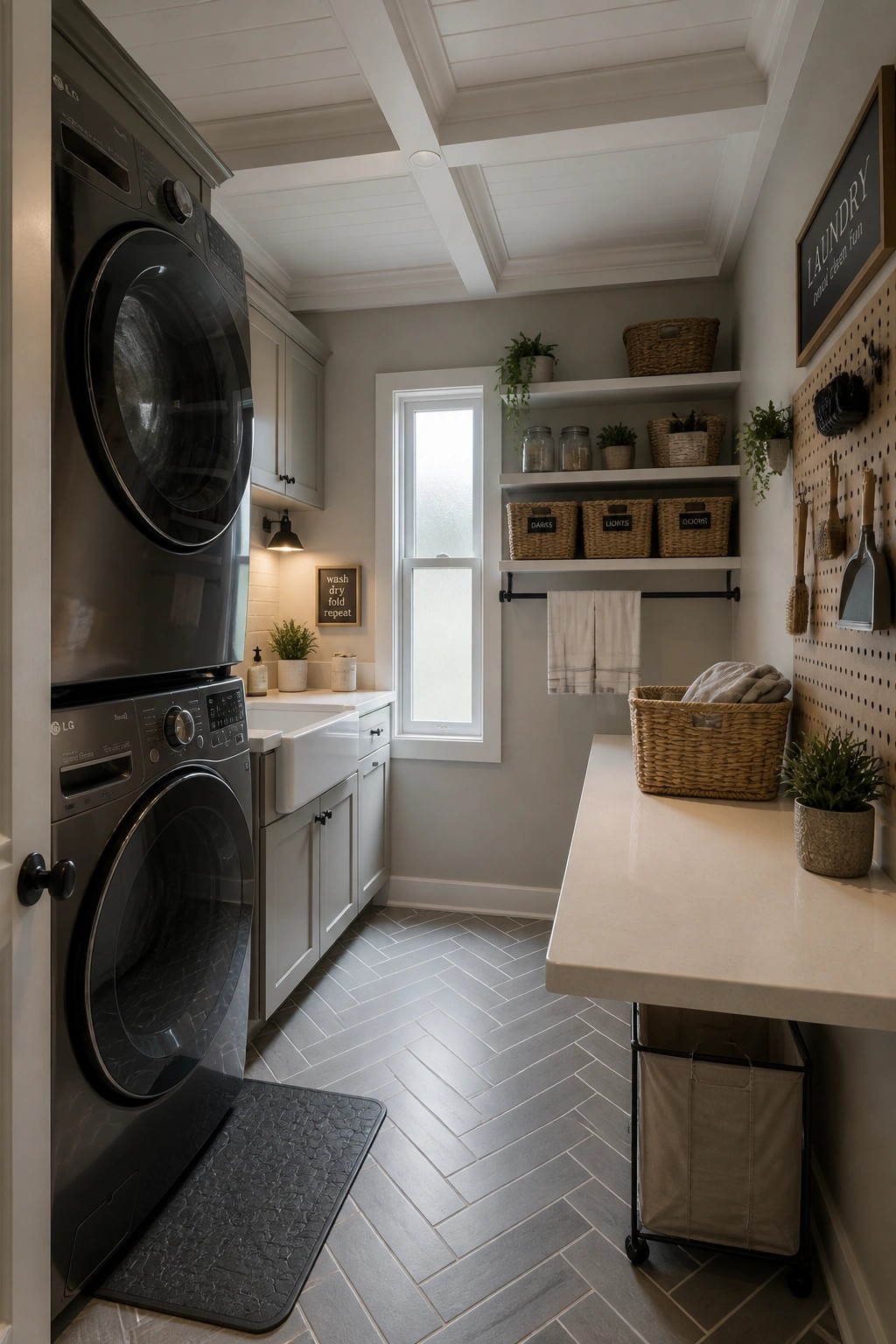 A laundry room with a white wood coffered ceiling, stacked black washer and dryer, white cabinets, gray herringbone floor, and a white folding table along one wall.