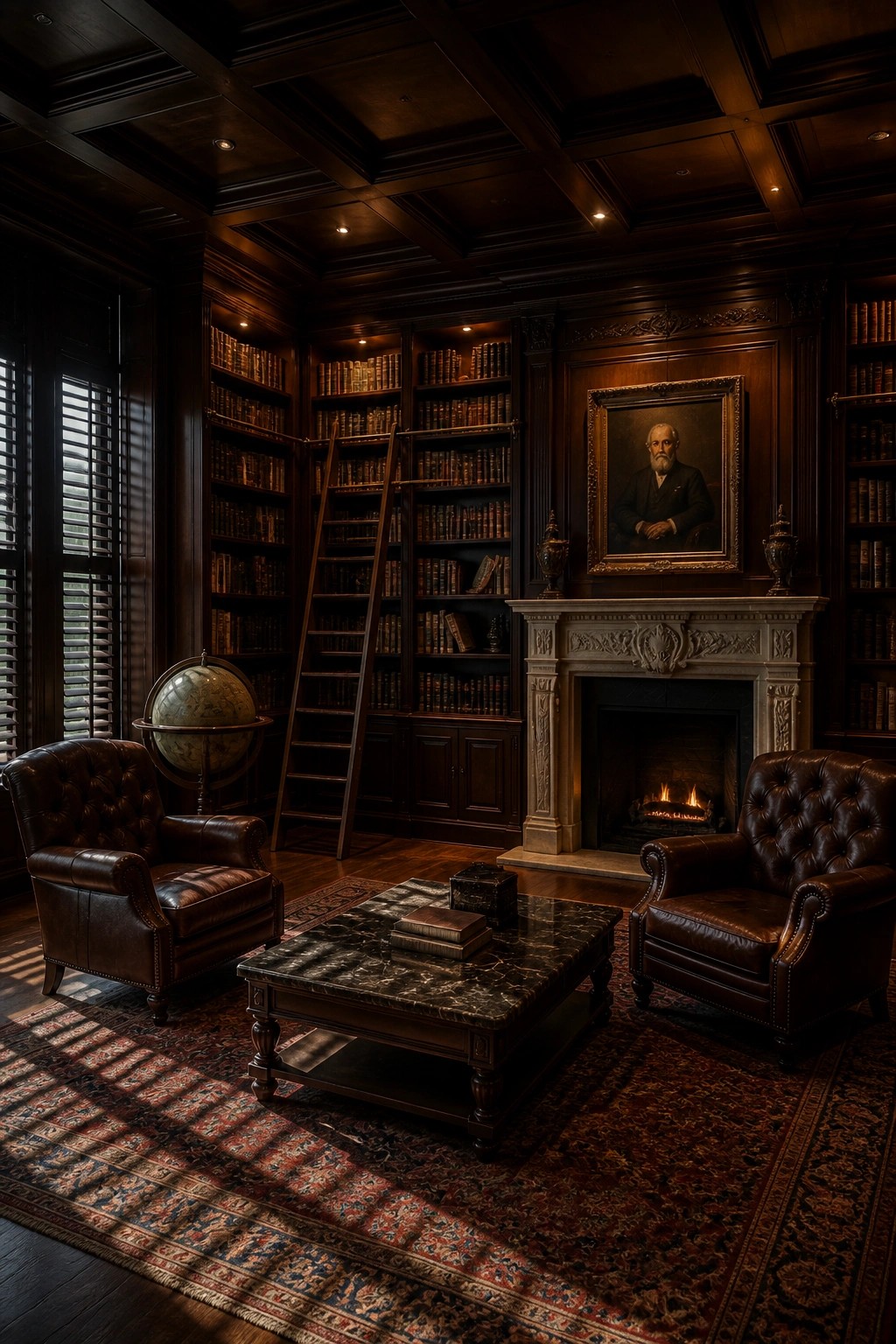 A dark wood library with a coffered ceiling, built-in bookshelves filled with books, two leather armchairs, a marble coffee table, a globe, and a fireplace with a portrait above the mantel.