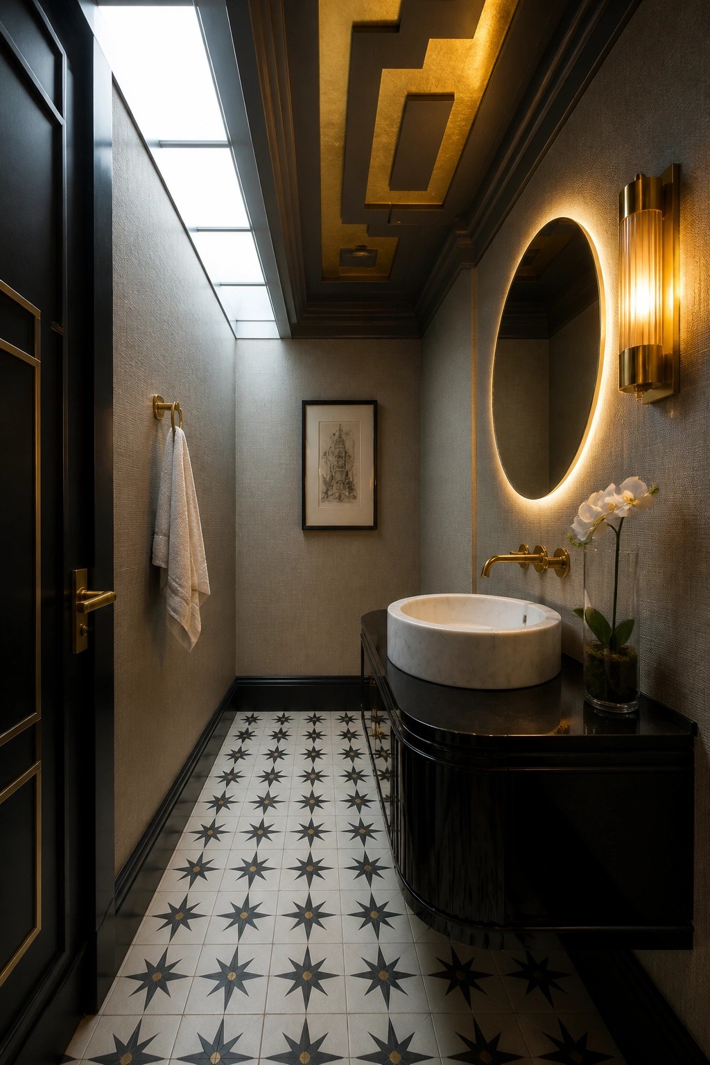 A narrow bathroom interior featuring a dark wood coffered ceiling with gold geometric patterns, a black vanity with white marble sink, star-patterned floor tiles, and a round illuminated mirror on the right wall.