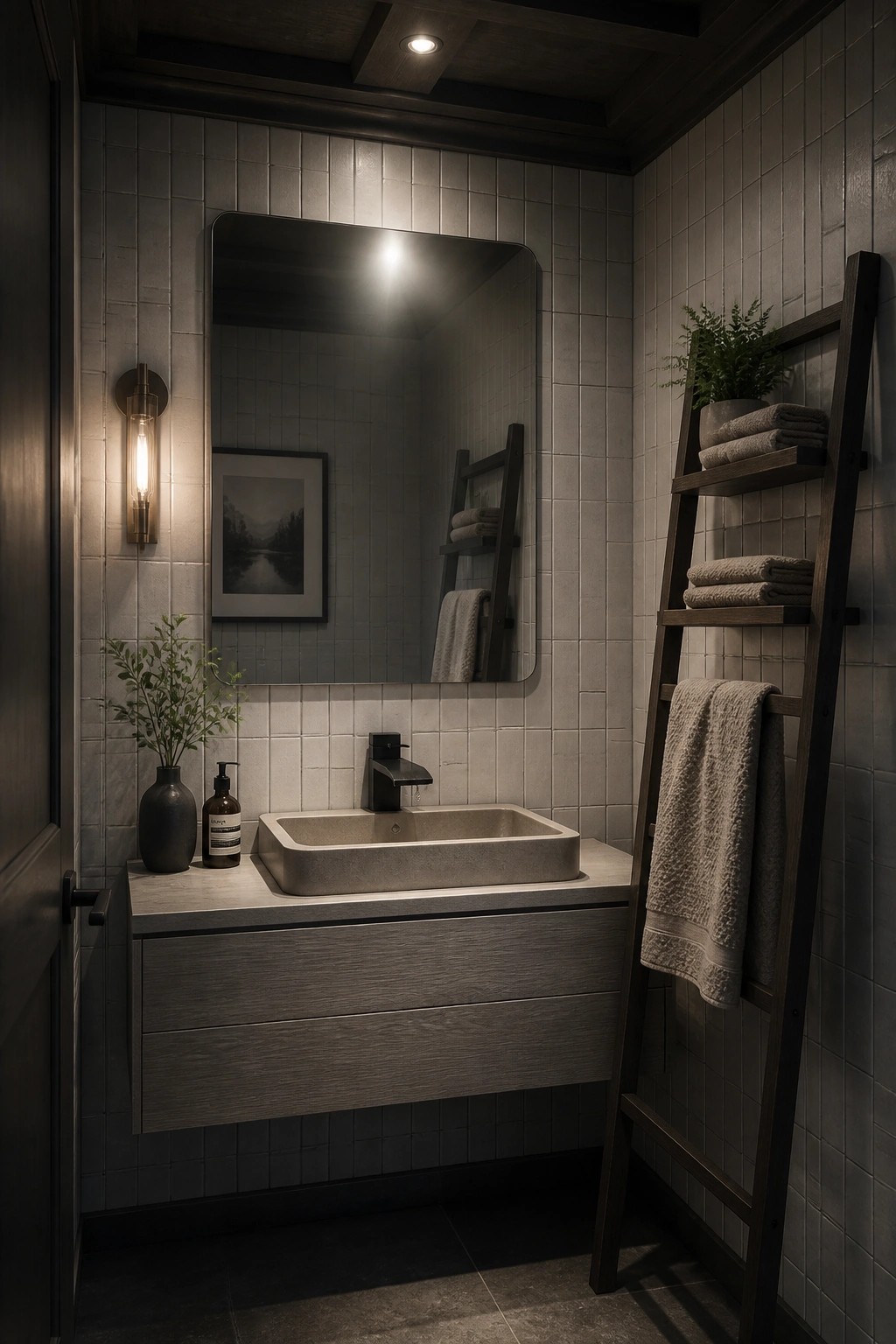 A modern bathroom featuring a dark wood coffered ceiling, light gray tile walls, a floating wood vanity with a concrete sink, and a tall wooden ladder holding towels.