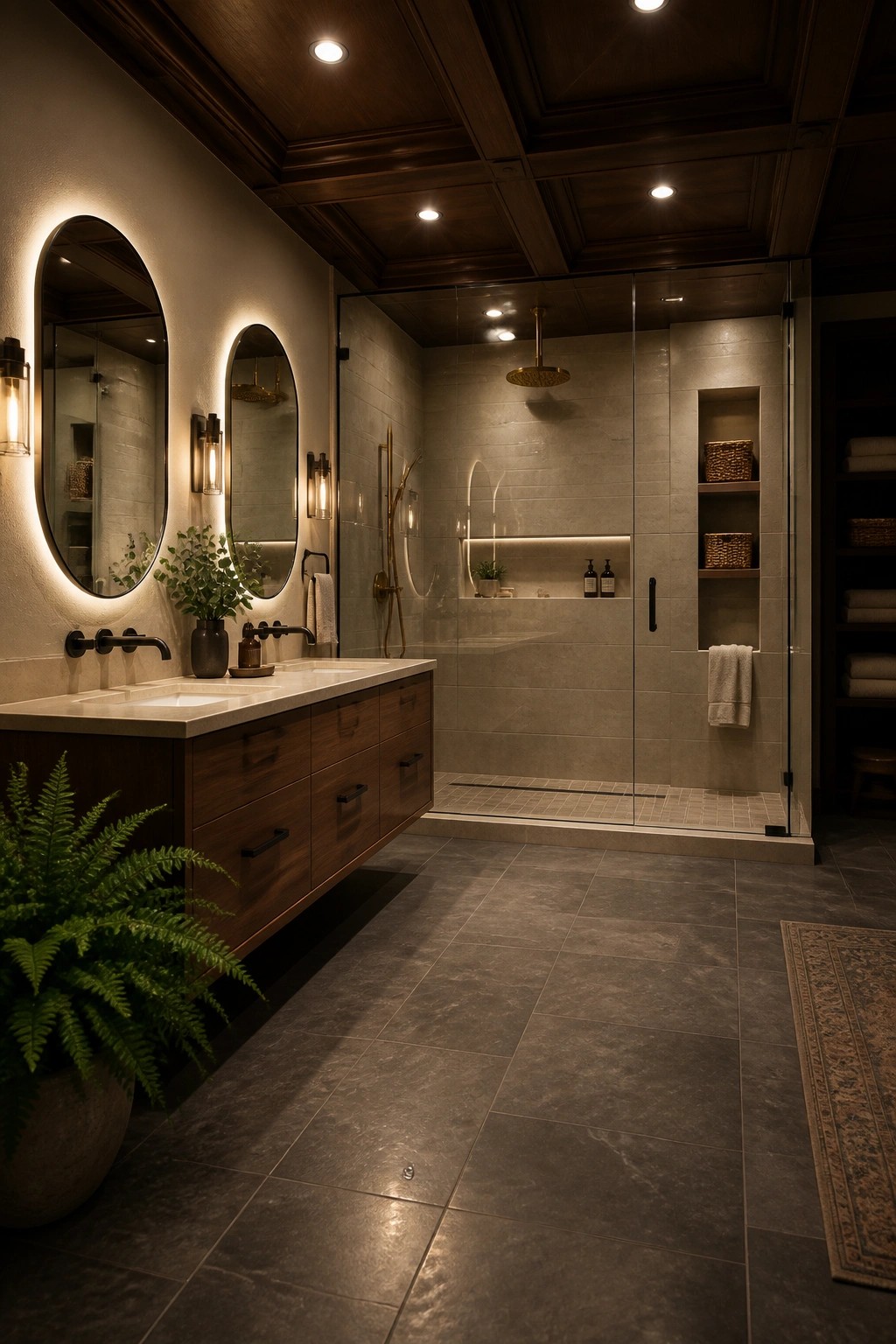 A bathroom with a dark wood coffered ceiling, floating wood vanity, oval backlit mirrors, and a glass shower enclosure.