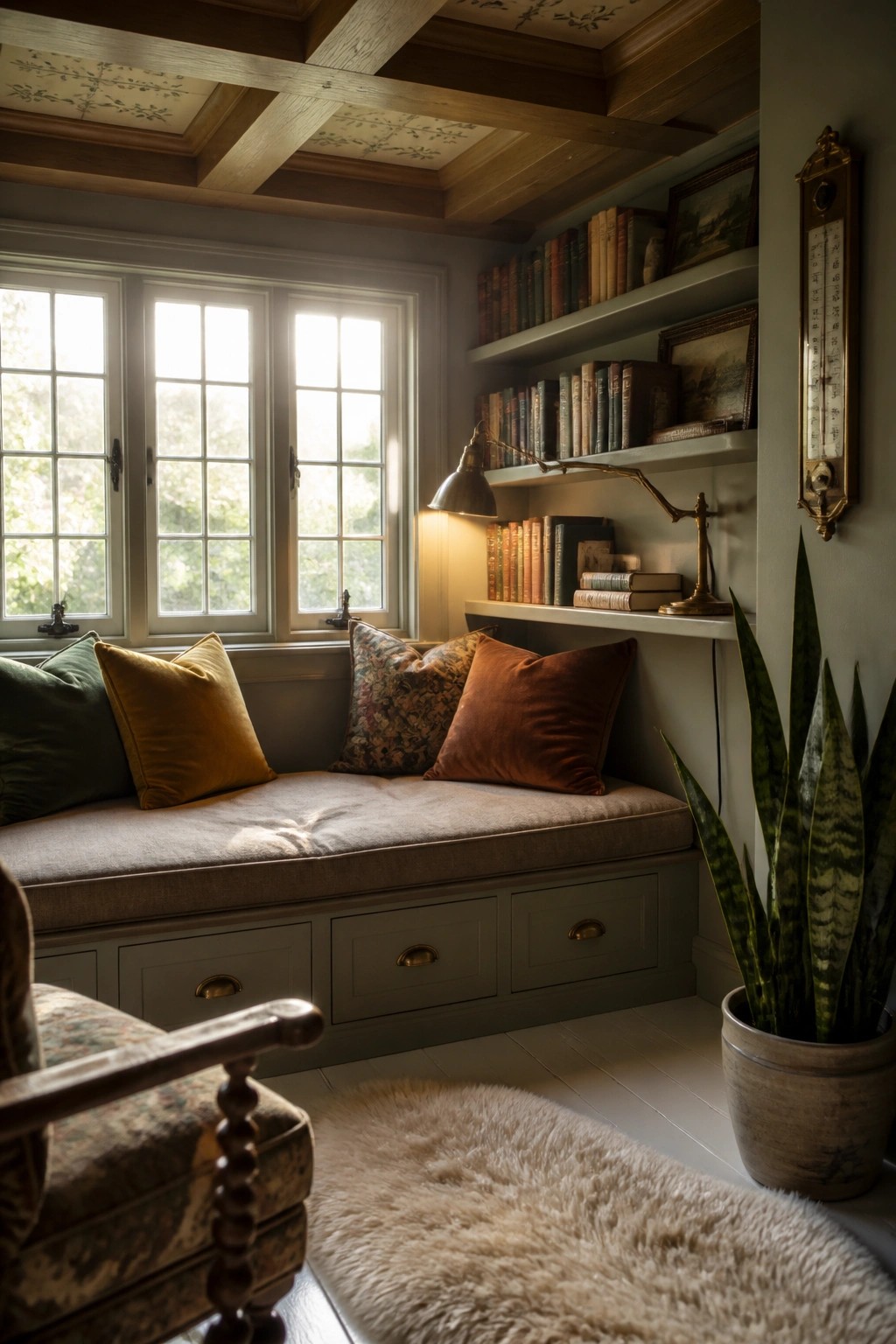 A cozy interior window seat nook with a wood coffered ceiling, built-in bookshelves, and a cushioned bench with pillows next to a potted plant.