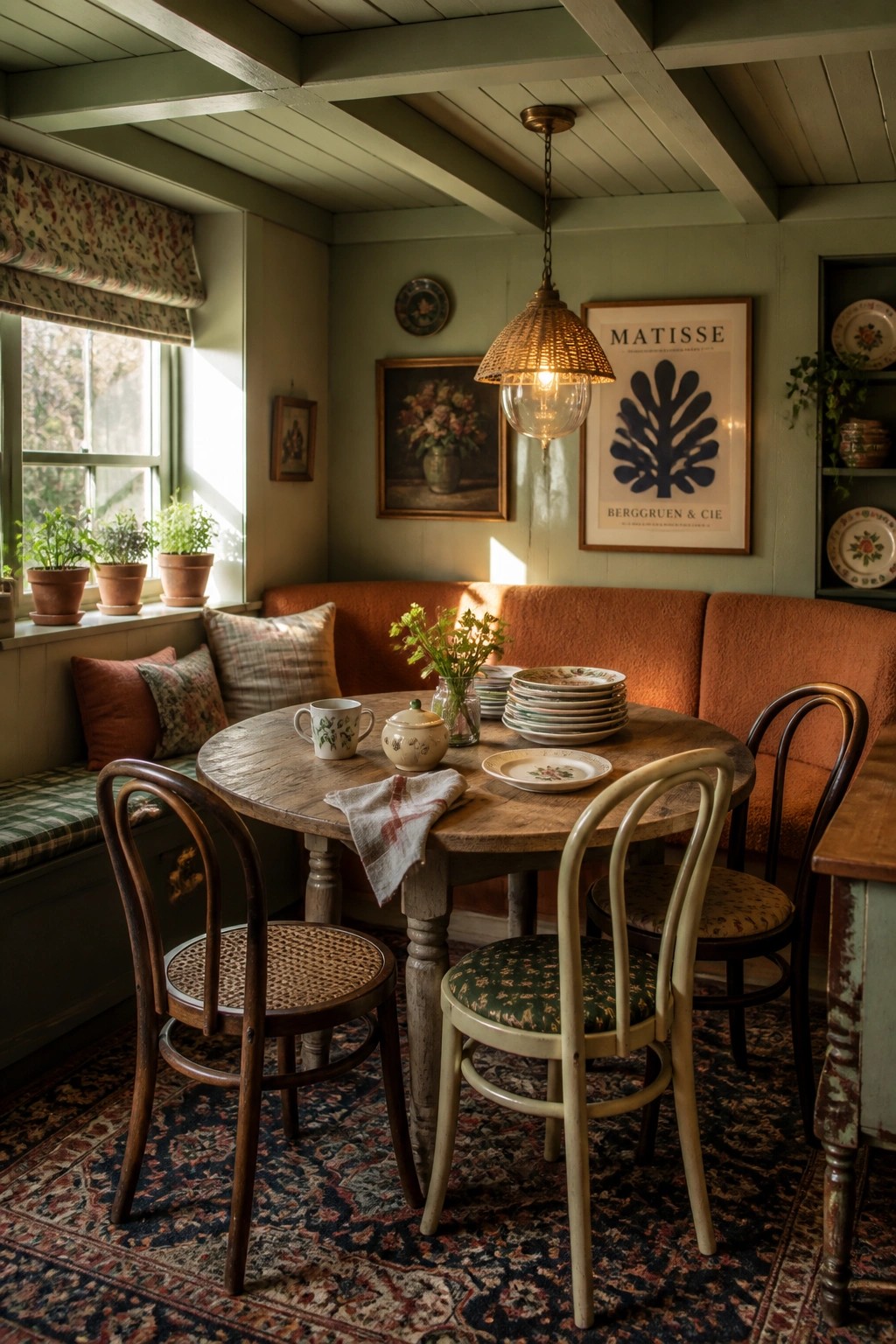 A dining room with a round wooden table, mixed chairs, an orange sofa, and a green painted wood ceiling with exposed beams and a hanging light.